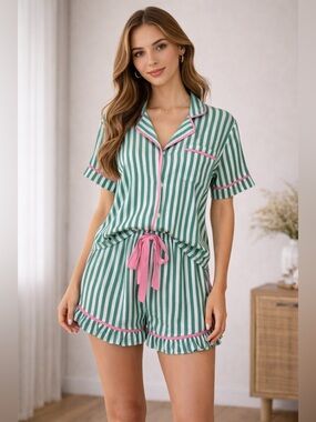 Women’s 100% Cotton Pajama Set Striped Button Down Shorts Set Sleepwear